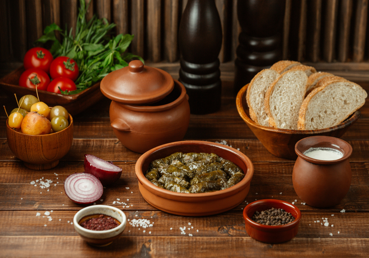 Kazakh traditional dishes served on table
